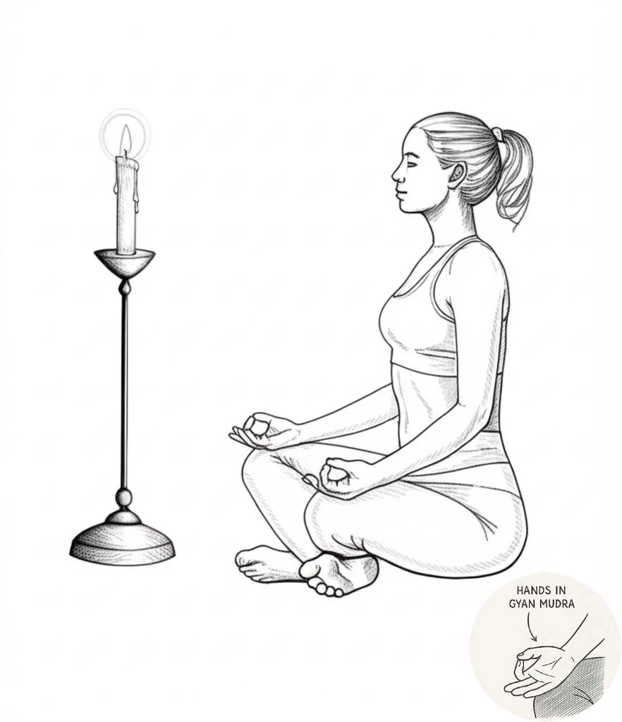 Advanced meditation posture with refined breathing technique and deeper candle focus